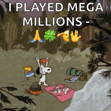 a cartoon of snoopy and woodstock having a picnic in the woods with the caption " i played mega millions "