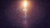 a woman in a white dress is flying through a purple sky
