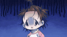a little girl with a bun on her head is making a funny face in a cartoon .