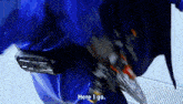 a person in a blue suit is holding a sword and saying here i go