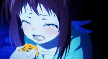 a girl with purple hair is crying and holding a cookie