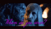 a zombie and a man with a beard are looking at each other and the words whom do you serve are written in pink