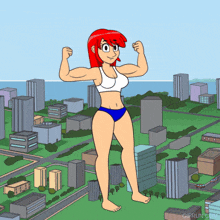 a cartoon of a woman flexing her muscles in front of a cityscape