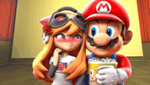 a mario and a girl are holding a popcorn bucket