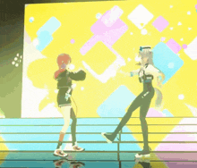 two anime characters are dancing on a stage in front of a yellow background