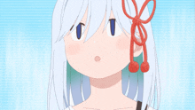 a girl with white hair has a red ribbon around her neck