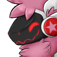 a drawing of a pink and black animal with headphones and a red star on it