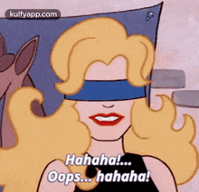 a cartoon of a woman wearing blindfolds and laughing .