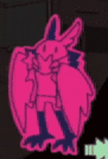 a pink and blue drawing of a rabbit with wings and a face .