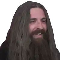 a man with long hair and a beard is smiling for the camera