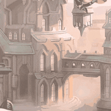 a drawing of a castle with a bridge and a clock