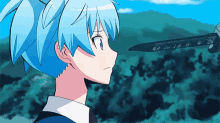 a blue haired anime character is looking at a knife in the background