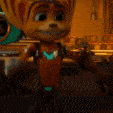 a cartoon character from a video game is standing next to a headphones .