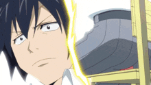 a close up of a person 's face with a yellow lightning bolt behind them