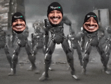 a man wearing a hat that says blizzard stands in front of a group of robots