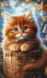 a painting of a kitten sitting on a tree stump with the year 2025