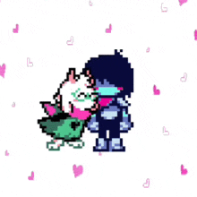 a pixel art drawing of a boy and a girl kissing each other surrounded by hearts .