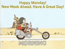 a cartoon of a man riding a motorcycle on a road .