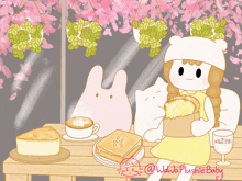 a cartoon of a girl sitting at a table holding a loaf of bread and a cat