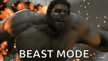 a man with a beard is being attacked by a monster and the words beast mode are visible