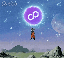 a cartoon character is flying through the air holding a purple sphere with a white infinity symbol
