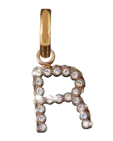 the letter r is surrounded by diamonds on a gold pendant