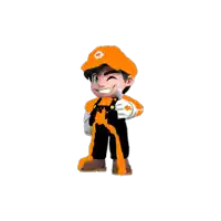 a cartoon character wearing an orange hat and black overalls is giving a thumbs up