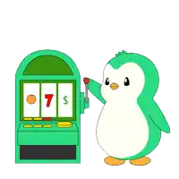 a green penguin is standing in front of a slot machine with the words i won above it