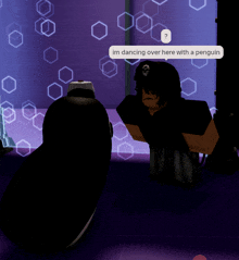 a cartoon character says im dancing over here with a penguin in a speech bubble