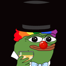 a green frog wearing a top hat and a bow tie holds a glass of wine