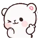 a white teddy bear with a heart in its mouth is making a funny face .