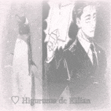 a black and white drawing of a penguin and a man with the words higuruma de kilian below them