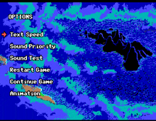 a video game screen shows options such as text speed sound priority sound test restart game and continue game