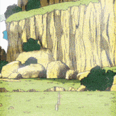 a cartoon drawing of a grassy hillside with a cliff in the background