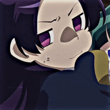 a close up of a cartoon character with a purple eye