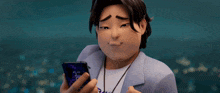 a cartoon character is holding a cell phone and making a face .