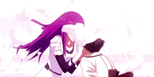 a girl with purple hair is touching the face of a man