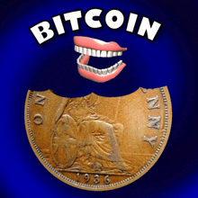 a coin with a bite taken out of it and the word bitcoin on top