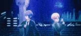 two anime girls are standing next to each other