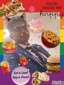 a picture of a man surrounded by food with the words food makes me happy at the top