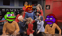 a group of people are sitting around a table and one of them has a frog head on his head