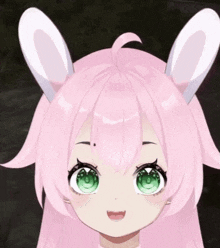 a girl with pink hair and green eyes is wearing bunny ears and has a surprised look on her face .