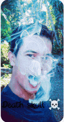 a picture of a man with smoke coming out of his mouth with the words death skull below him
