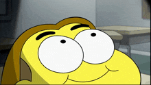 a cartoon character with big eyes and brown hair