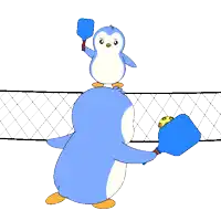 a cartoon of two penguins playing volleyball