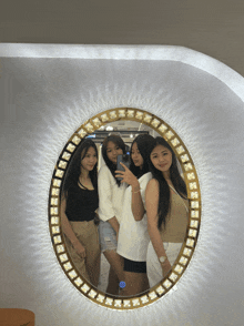 a group of girls are posing for a picture in front of a mirror that says ' selfie ' on it