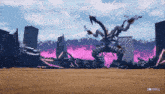 a video game screen shows a giant monster destroying buildings