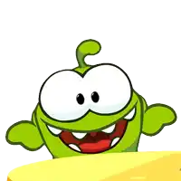 a green cartoon character with big eyes and a red mouth