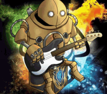 a cartoon drawing of a robot playing a bass guitar