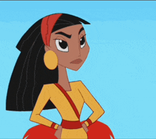 a cartoon character with a red headband and earrings stands with her hands on her hips